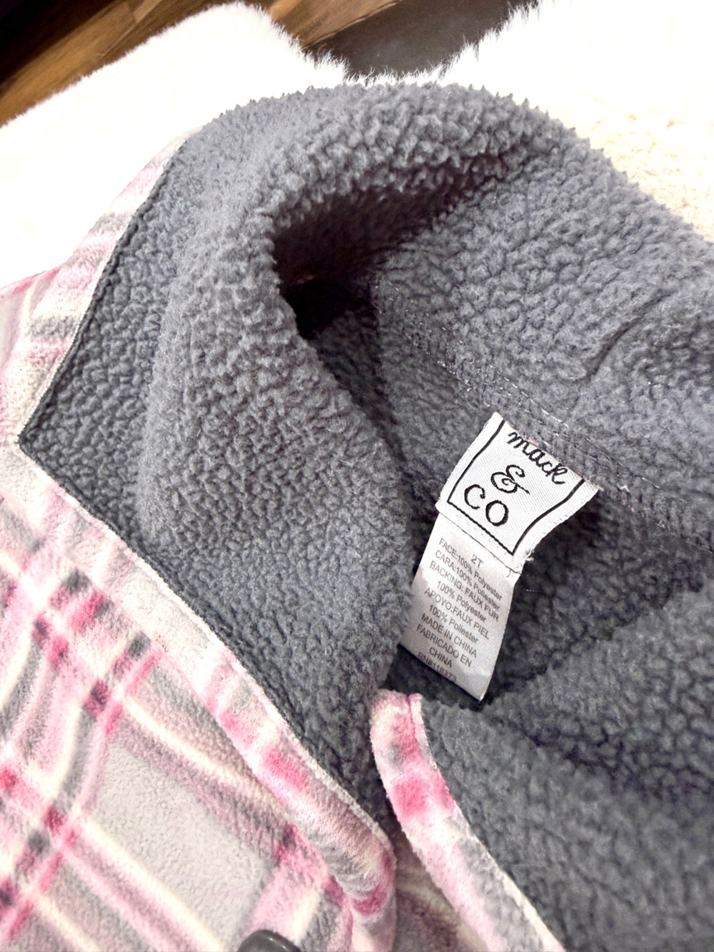 Mack & CO Kids Pink Plaid Pea Coat with Gray Sherpa Lining